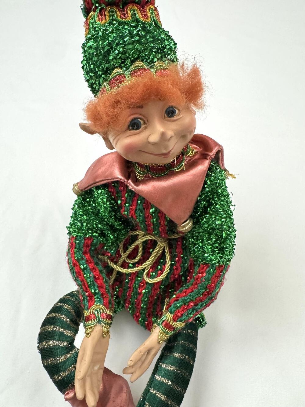Elf Shelf Sitter Doll 20" Green Red Tinsel Striped Christmas Decor Posable